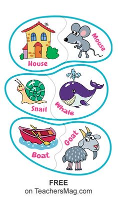 three oval labels with different animals and words on them, one for each child's name