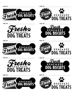 six different dog treats labels on white background