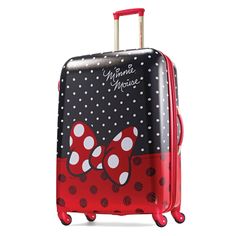 Pack more fun with this Disney and American Tourister co-branded luggage. This 28 inch American Tourister Disney hardside luggage with single spinner wheels and push-button locking handle was designed to provide comfort and ease while travelling. The fun printed interior has pockets and cross straps that will keep you organized while on the go. Color: red. Gender: unisex. Age Group: kids. Pattern: Bow. Disney Luggage, Minnie Mouse Red, Cute Suitcases, Suitcase Tags, Cute Luggage, Hardside Spinner Luggage, Hardside Luggage, Minnie Mouse Bow, American Tourister