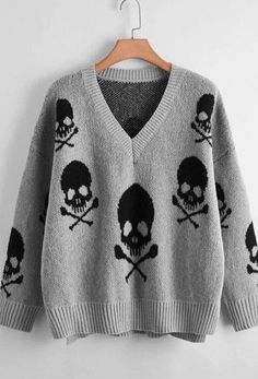 Skull V-neck Sweater Skull Sweater, Plus Size Pullover, Drop Shoulder Sweater, Skull Pattern, Plus Size Halloween, Halloween Sweater, Khaki Fashion, Drop Shoulder Sweaters, Women Wholesale