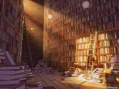 a room filled with lots of books next to a stair case covered in stacks of books