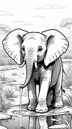 This adorable elephant coloring page is perfect for children. A simple black-and-white outline of a baby elephant at a waterhole, ready to be filled with color. 🖍️ Cabagge Recipes, Elephant Colouring Pages, Simple Elephant Drawing, Easy Elephant Drawing, Baby Elephant Drawing, Elephant Coloring, Elephant Sketch, Animal Line Drawings, Chibi Coloring Pages