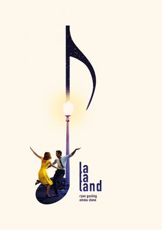 the poster for la land shows a man and woman sitting on a pole with a musical note sticking out of it