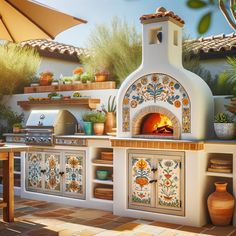 an outdoor pizza oven with potted plants and pots on the outside wall next to it