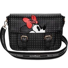 Disney Store Minnie Mouse Crossbody Messenger Bag Black White Polka Dot Measures 11.5" X 8" X 4". On The Strap It Says Forever, Minnie Mouse, Sweetheart And Love Minnie. Minnie Mouse Bag, Disney Bags, Disney Handbags, Disney Bag, Purse Styles, Crossbody Messenger Bag, Satchel Purse, Wallet Fashion, Disney Store