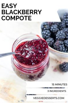 blueberry compote in a mason jar with spoon and bowl full of berries