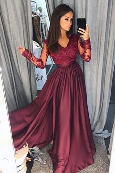 Vestidos Color Vino, Evening Dresses Uk, Winter Formal Dresses, V Neck Prom Dresses, Long Sleeve Prom, Burgundy Prom Dress, A Line Prom Dresses, Prom Ideas, Lace Evening Dresses