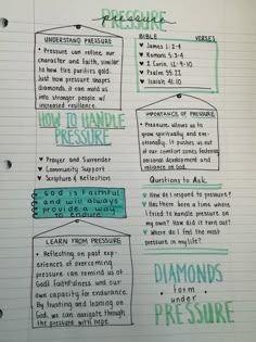 a notebook with handwritten instructions on how to handle pressure and diamond's perseure