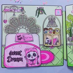 two notebooks with pictures of panda bears on them and the words sweet dream written in pink