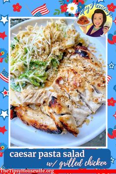 a white plate topped with chicken covered in sauce and cheese next to an american flag background