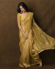 Luxury Tissue Silk Churidar For Wedding, Tissue Saree Dress Design Ideas, Yellow Saree Aesthetic, Tissue Silk Blouse With Chikankari Embroidery, Gold Tussar Silk Blouse, Traditional Drape Blouse With Chikankari Embroidery In Tissue Silk, Traditional Drape Blouse In Chikankari Tissue Silk, Chikankari Embroidery Chanderi Blouse Piece, Chanderi Blouse Piece With Chikankari Embroidery