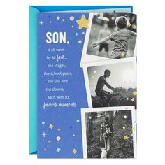 a blue card with pictures of people and stars on it that says son, in all the words by st john