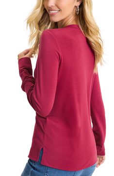 Made from soft, sustainably produced fibers, this T-shirt features long sleeves and a V-neck that make it a casual closet staple. 25" length   V-neck   Long sleeves   67% Tencel® modal, 28% polyester, 5% spandex   Tencel modal is a sustainably produced fiber made with closed-loop processing and is certified with the EU Ecolabel as having a low environmental impact throughout the entire lifecycle   Machine wash, tumble dry   Imported Stretch V-neck Tops With Thumbholes, Stretch Long Sleeve T-shirt With Thumbholes, Solid Color Soft Stretch Long Sleeve Tops, Solid Long Sleeve Tops With Soft Stretch, Soft Stretch Long Sleeve Tops For Loungewear, Closet Staples, Fabric Gift Bags, Nordstrom Store, Fabric Gifts