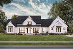 this is an artist's rendering of the front elevation of these modern farmhouse house plans