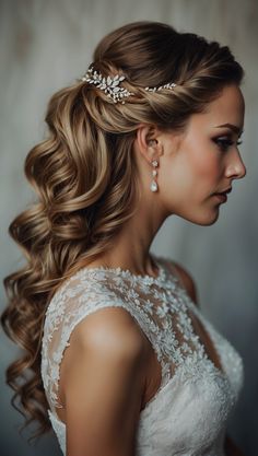 A bride with cascading curls and a braided crown adorned with delicate hair accessories, showcasing an elegant wedding hairstyle. Modern Wedding Hairstyles, Dark Fall Colors, Elegant Bridal Hairstyles, Bridal Hairdos, Wedding Reception Hairstyles, Enchanting Hairstyles, Hairstyles For Weddings, Royal Hairstyles, Cascading Curls