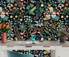 the wallpaper is very colorful and has flowers on it