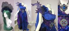 three different views of a purple and blue dress on mannequin's head