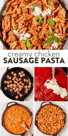 creamy chicken sausage pasta in a skillet with sauce and parmesan cheese