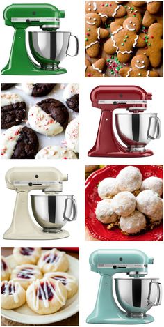 many different types of cookies and pastries are shown in this collage with mixers