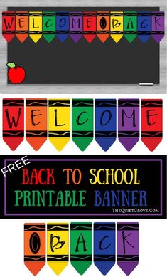 the back to school banner is decorated with colorful crayon letters and an apple