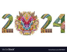 the year 2012 with an image of a dragon head and flowers on it's face