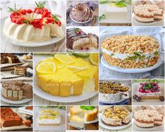 a collage of different cakes and desserts