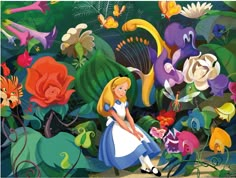 a painting of alice in the garden surrounded by flowers