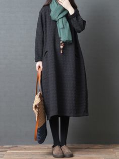 Loose Solid Color Split-Joint With Pocket Round-Neck Long Sleeves Midi Dress GREEN-XL Black Long Sleeve Midi Dress, Winter Typ, Midi Dress Casual, Green Midi Dress, Long Sleeve Midi, Long Sleeve Midi Dress, Winter Dresses, Cotton Style, Dress Brands