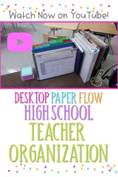 a desk with lots of books and folders on it that says desktop paper flow high school teacher organization