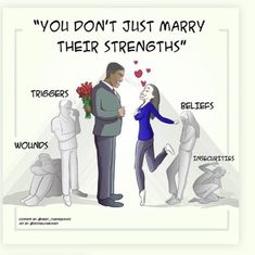 a man and woman standing next to each other with the words, you don't just marry their strength