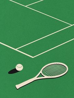 a tennis racket and ball on a green court with white lines in the background