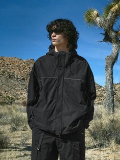 This utility jacket is topped with practical hood that has stitch and string detail, and it ahs drawstring at hem to create various silhoette for gorpcore look. It's cut from durable shell that's light, breathable, and also has windproof and water-resistant function.- Hooded neck with visor, drawstring- 3M reflective print at hood- Zip and snap button fastenings- Two front zipped pockets- Drop shoulder- Snap buttoned cuffs- Adjustable drawcord and stopper at hem- Internal pocket- Mesh lining- Relaxed fit- Unisex wear Hooded Parka With Drawstring For Outdoor Activities, Techwear Windbreaker With Double-lined Hood, Techwear Outerwear With Drawstring For Streetwear, Hooded Windbreaker With Drawstring For Streetwear, Hooded Windbreaker With Drawstring For Outdoor, Urban Style Windbreaker With Drawstring For Streetwear, Techwear Windbreaker With Drawstring Hood, Techwear Hoodie Windbreaker With Drawstring Hood, Urban Windbreaker With Drawstring For Streetwear