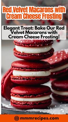 red velvet macarons with cream cheese frosting are stacked on top of each other