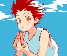 a boy with red hair holding a slice of watermelon in his right hand