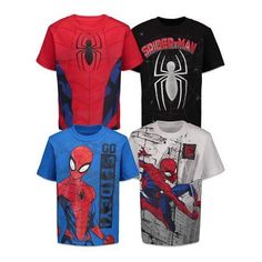 three spiderman t - shirts are shown in four different colors