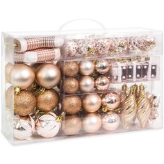 a clear box filled with lots of christmas ornaments