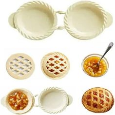 several different types of pies and bowls with spoons in front of them on a white background