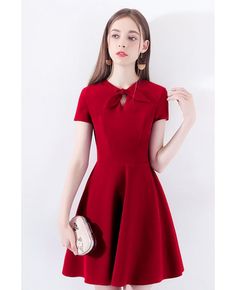 Shop Red Aline Short Party Dress With Short Sleeves Bow Knot online. All instock with free shipping. Pro since 2009. Red Aline Dress Casual, Bowknot Dress, Red Flare, Short Dress Styles, Short Party Dress, Dress With Short Sleeves, Short Homecoming Dress, Batik Dress, Dress Order