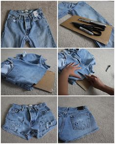 the process of making denim shorts with scissors and pencils is shown in multiple pictures