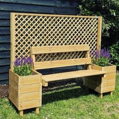 a wooden bench with two planters on the side and one sitting in front of it