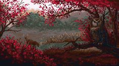 an old pixel art scene with deer and trees in the foreground, surrounded by red leaves