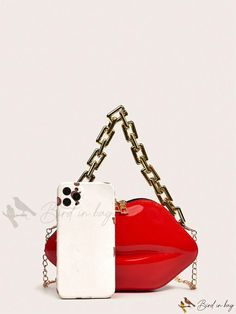 Bird in Bag - Neon Red Chain Strap Shaped Novelty Bag with Zipper Trendy Red Bag With Chain, Trendy Red Bags With Chain Strap, Trendy Red Shoulder Bag For Party, Trendy Red Shoulder Bag With Chain Strap, Red Trendy Shoulder Bag, Trendy Red Shoulder Bag For Valentine's Day, Trendy Red Shoulder Bag, Red Chain Shoulder Bag Rectangular, Neon Bag