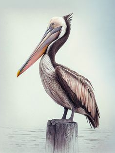 a drawing of a pelican sitting on top of a wooden post