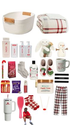 the contents of a christmas gift set including socks, mugs, candles and other items