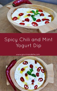 two bowls filled with yogurt and chili on top of a wooden cutting board