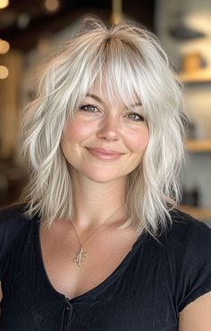 Fringe Neckline Haircut, Blonde Shoulder Length Hair With Fringe, Shaggy Platinum Blonde Hair, Long Messy Bob With Bangs, Long Blonde Shag With Bangs, Blonde Lob With Bangs Fine Hair, White Blonde Bob With Fringe, Shoulder Length Haircut With Fringe, Short Blonde Shaggy Bob