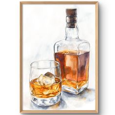 a watercolor painting of two glasses and a bottle with ice cubes in it