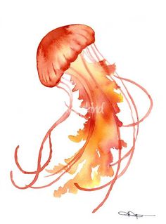 a watercolor painting of a jellyfish with orange and yellow colors on it's body