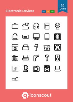 the electronic devices icon set is shown in black on a white background with red border