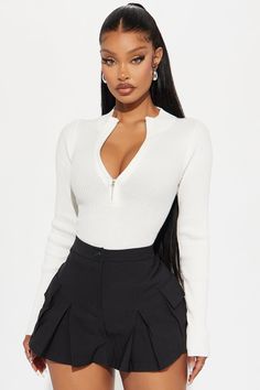 Available In Black, Rust, And White. Bodysuit Mock Neck Long Sleeve Zipper Detail Cheeky Bottom Snap button Closure Ribbed Stretch Final Sale 70% Rayon 30% Polyester Imported | Maddie Ribbed Bodysuit in White size XL by Fashion Nova Barbecue Meals, Kardashian Outfit, Artist Quotes, Mock Neck Long Sleeve, Model Outfits, Simple Outfit, Ribbed Bodysuit, White Bodysuit